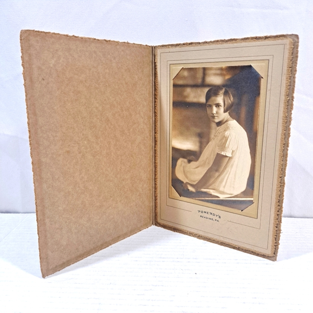 Vintage Pomeroy's Photography Girl Sitting With White Dress Cardboard Frame
